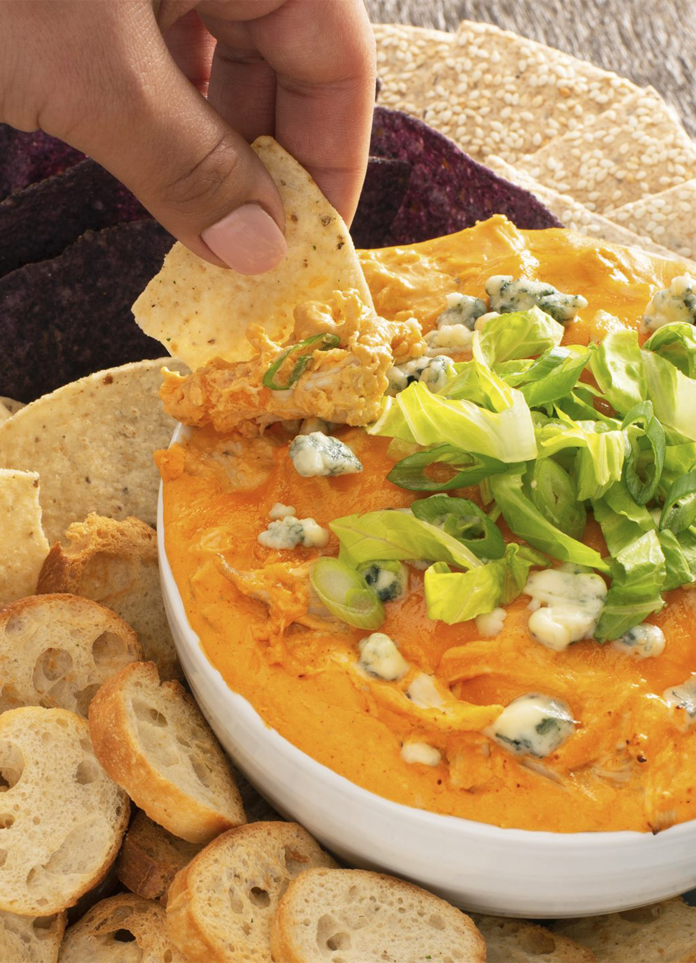 A bowl of Slow Cooker Buffalo Chicken Dip topped with green onions, surrounded by tortilla chips, pita chips, and crackers