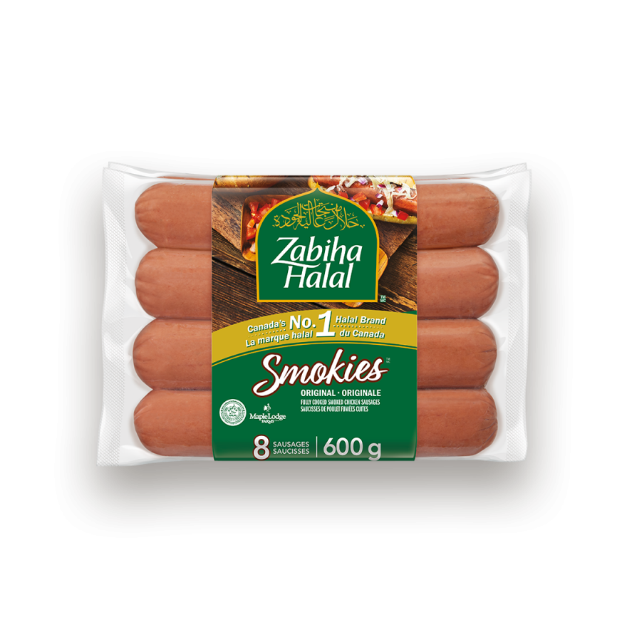 Un emballage de saucisses fumées : Saucisses fumées de poulet cuites